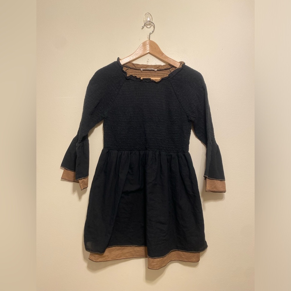 TB COLLECTION Black Dress with Tan Trim - Classic Long Sleeve. Size S / M
